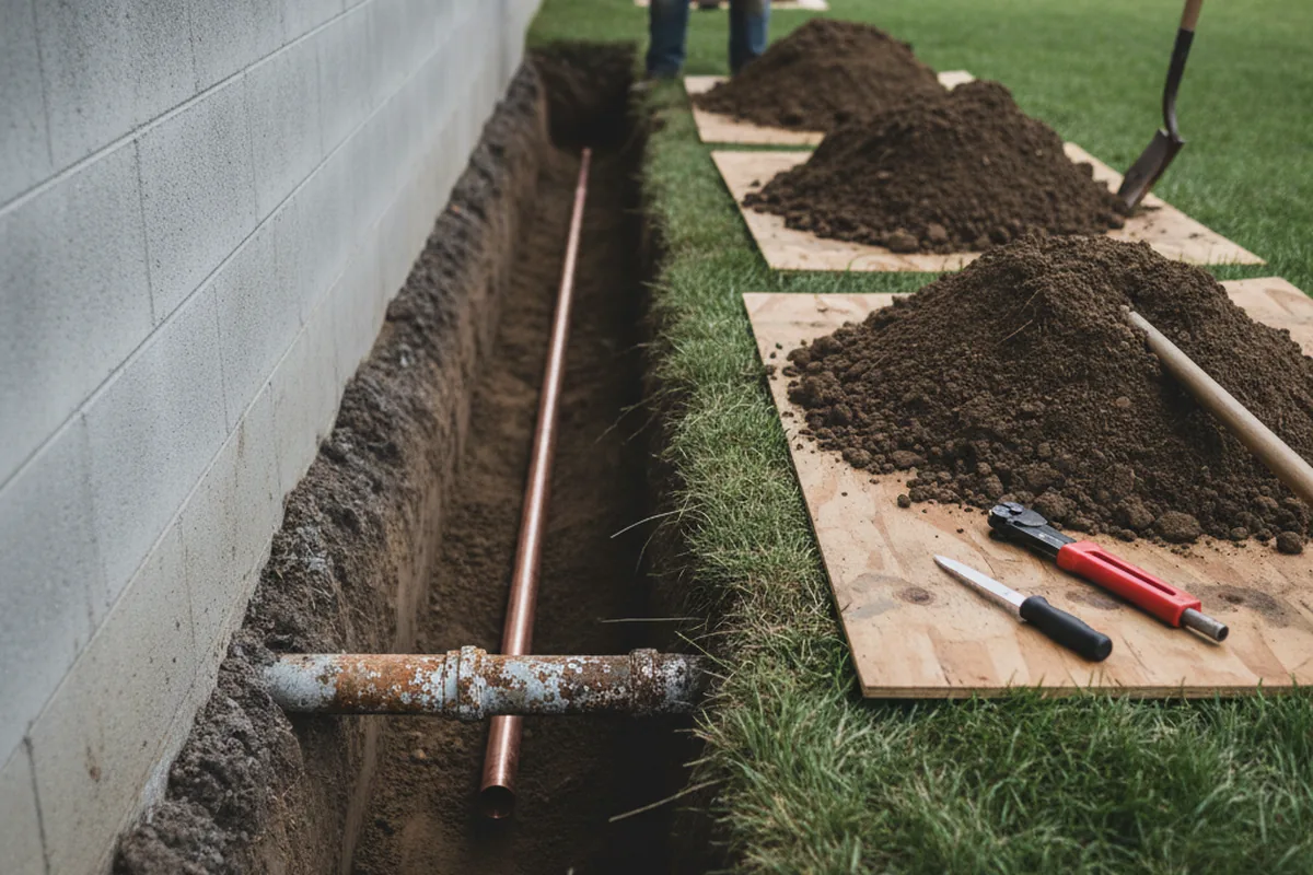 Excavated water line trench during Water Softener Installation in Henrico